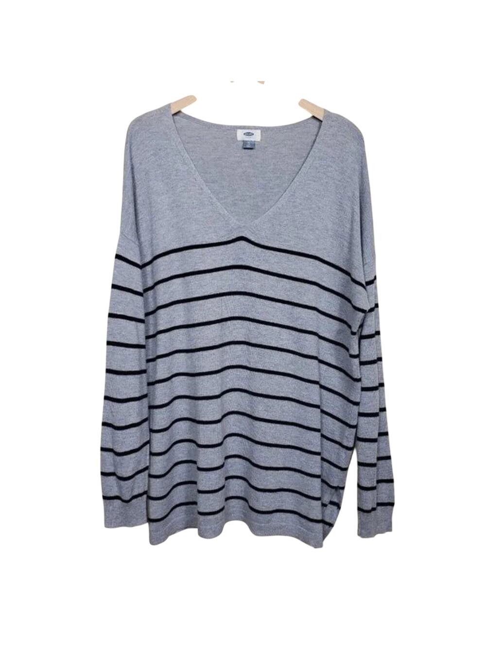 Old Navy Striped V Neck Sweater Womens Size XL Gray Black Long Sleeve Knit
